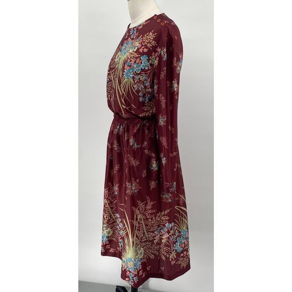 Vintage 70s Floral Print Matching Skirt Set Button Neck Tunic Midi Maroon Small - Picture 4 of 12
